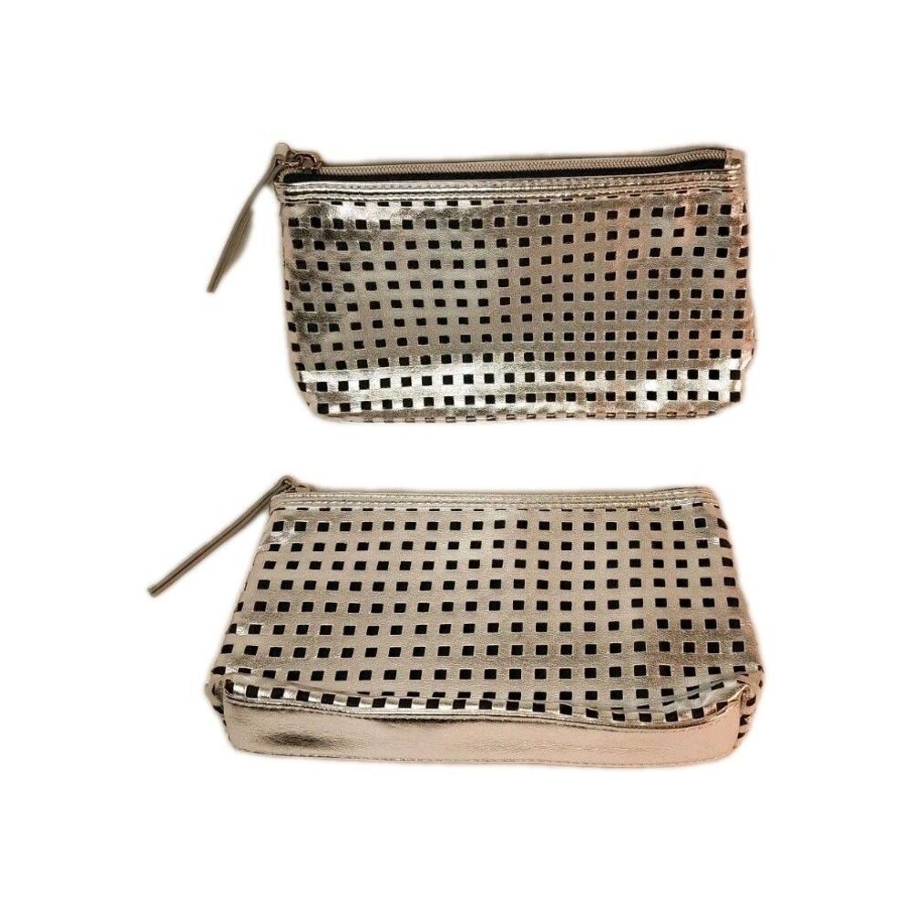 Lot of 2 Estee Lauder Silver Cosmetics Bag Clutch Pouch Purse Vintage Shiny NEW